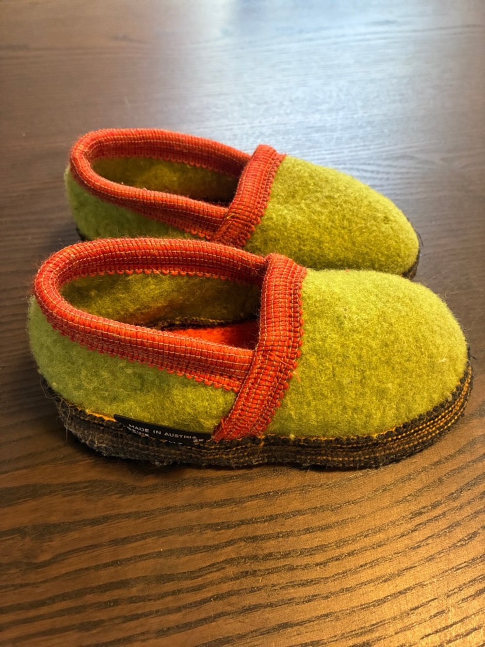 Kids Green Wool Slip-On Shoes with Red-Orange Trim
